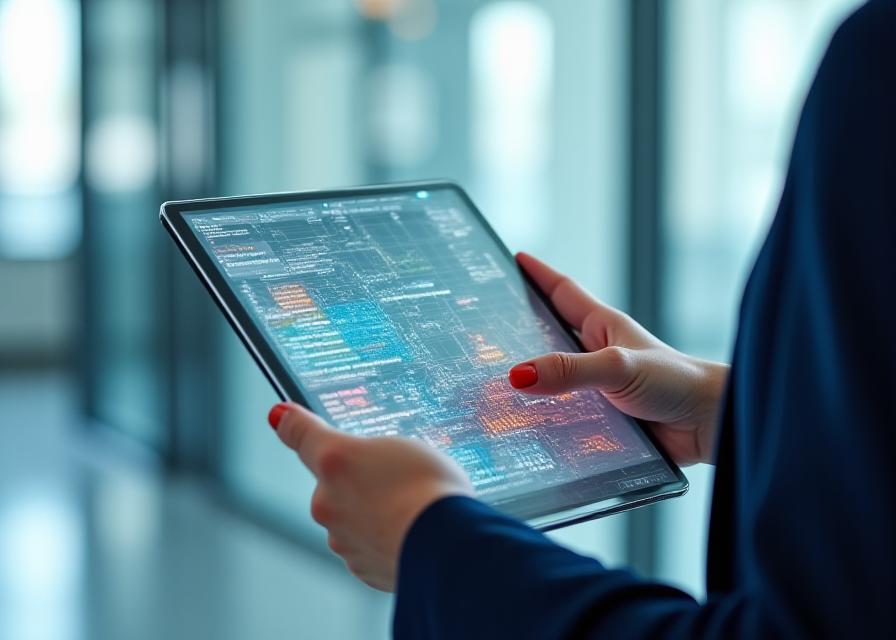 Professional analyzing digital threat route map on a holographic display