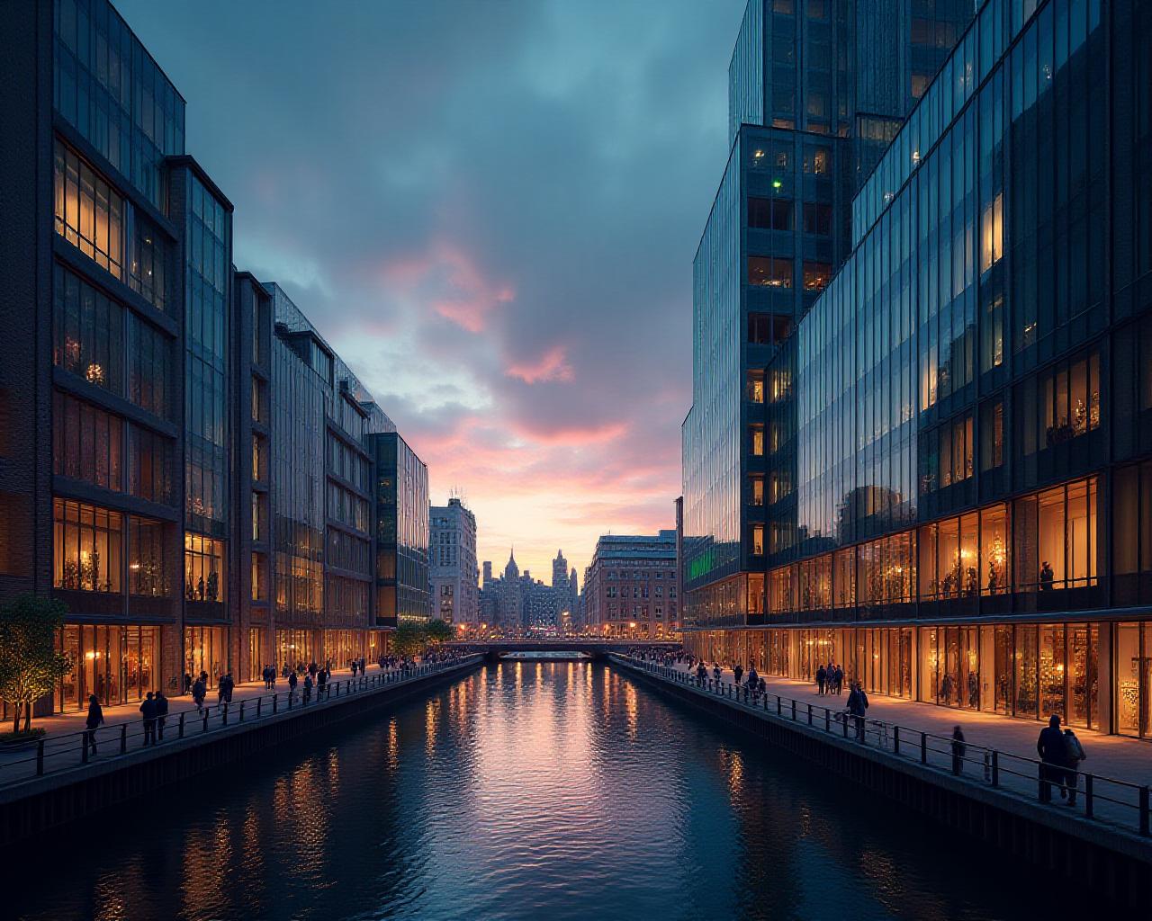 Panoramic view of London Merchant's Quay architecture with digital overlays